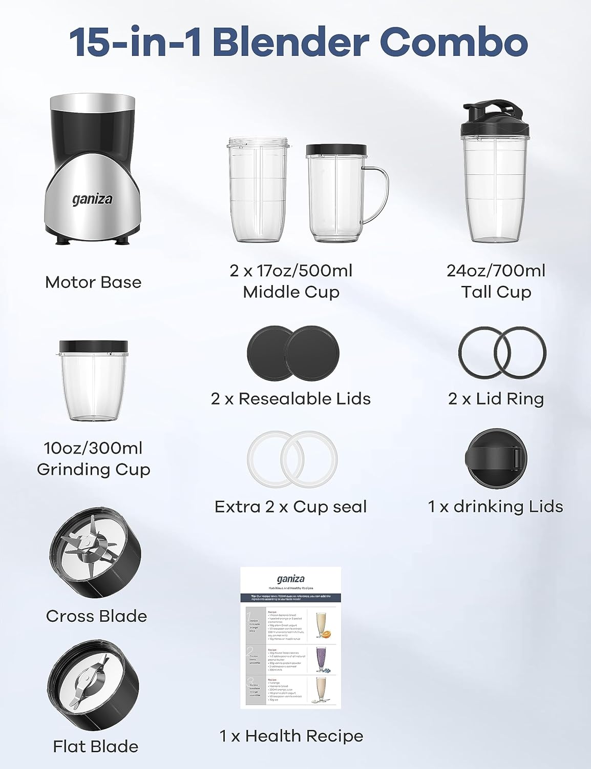 Ganiza Smoothie Blender, 900W Blenders for Shakes and Smoothies, 15-Piece Personal Blender and