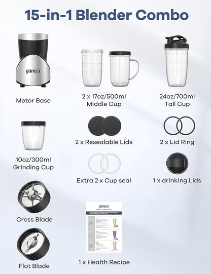 Ganiza Smoothie Blender, 900W Blenders for Shakes and Smoothies, 15-Piece Personal Blender and