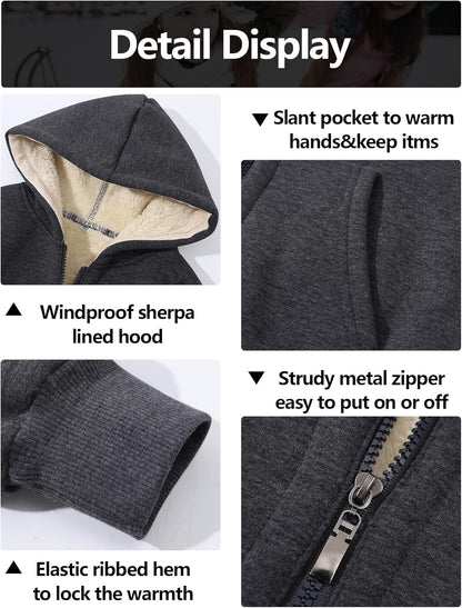 Gihuo Unisex Boy's Girls Winter Warm Sherpa Lined Zip Up Sweatshirt Fleece Jacket Kid's Hoodie Outerwear