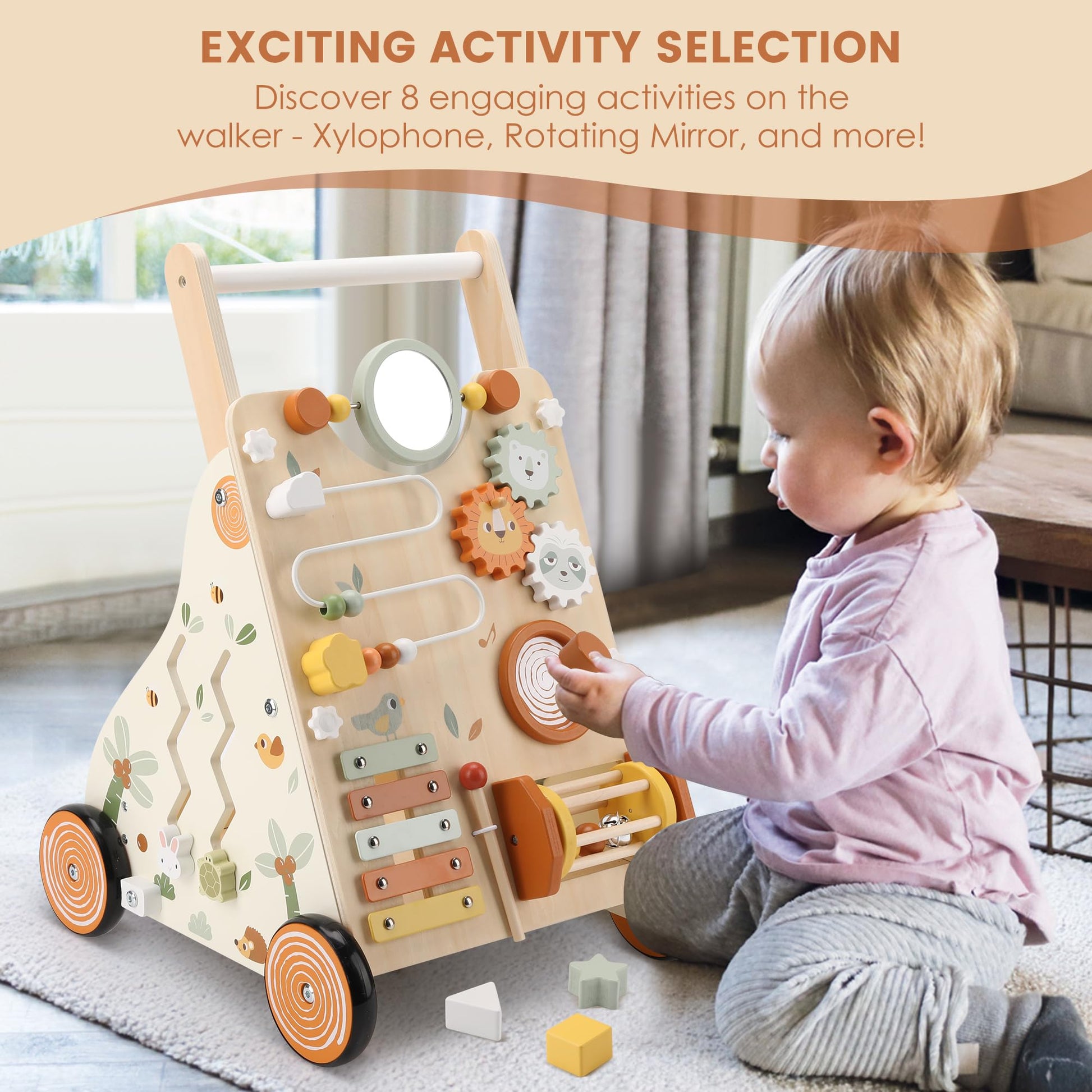 Pithfor Wooden Baby Walker, Baby Push Walker with Activity Center for Girls Boys, Montessori Push