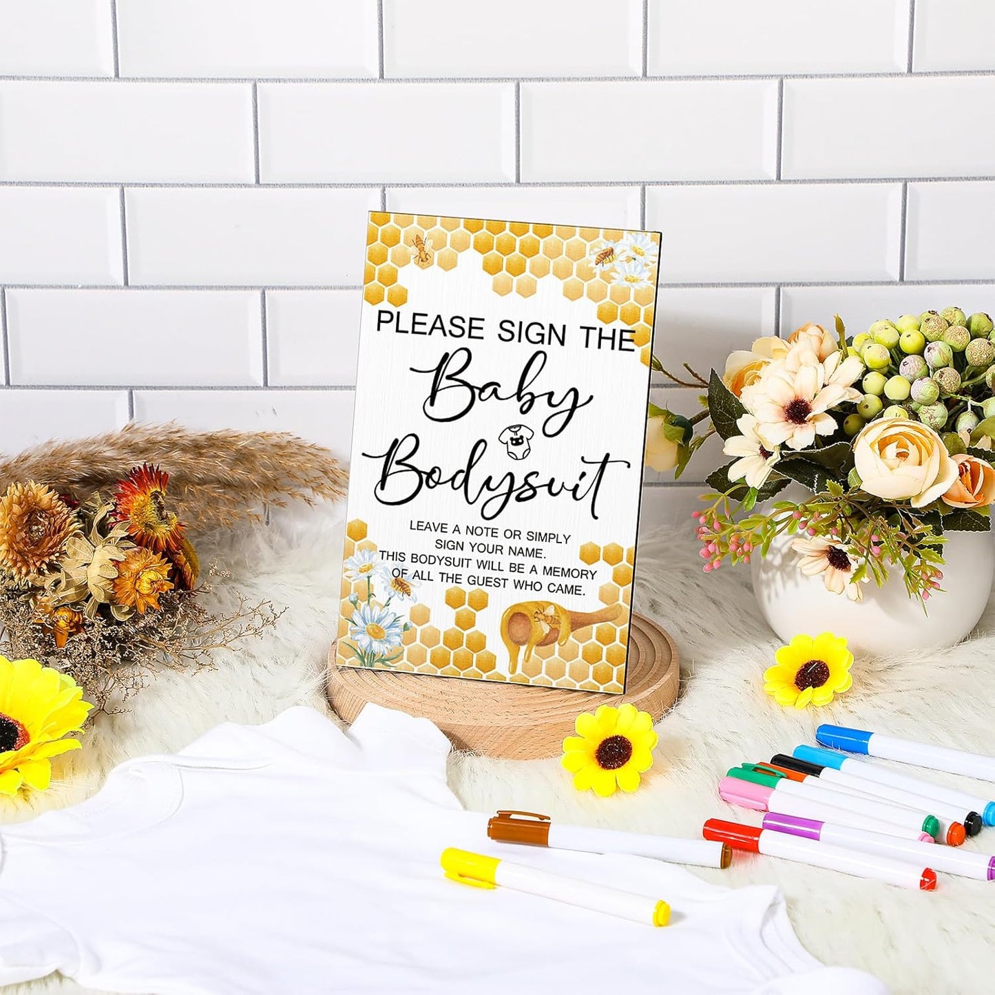 Qunclay 12 Pcs Baby Bodysuit Baby Shower Game Include 1 Game Wooden Sign Tabletop Decor 1 White Blank Newborn Bodysuit 10 Fabric Marker for Gender Reveal Party(Bee)