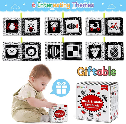 Dr.Rapeti Soft Cloth Books Baby Books Bath Books 6-Pack for Baby Infant Toddler Kids High Contrast Black and White Crinkle Washable Chewable Non-Toxic Early Educational Giftable