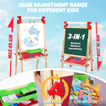 JOYOOSS Kids Wooden Easel with Paper Roll - Adjustable Magnetic Double Sided Drawing Board