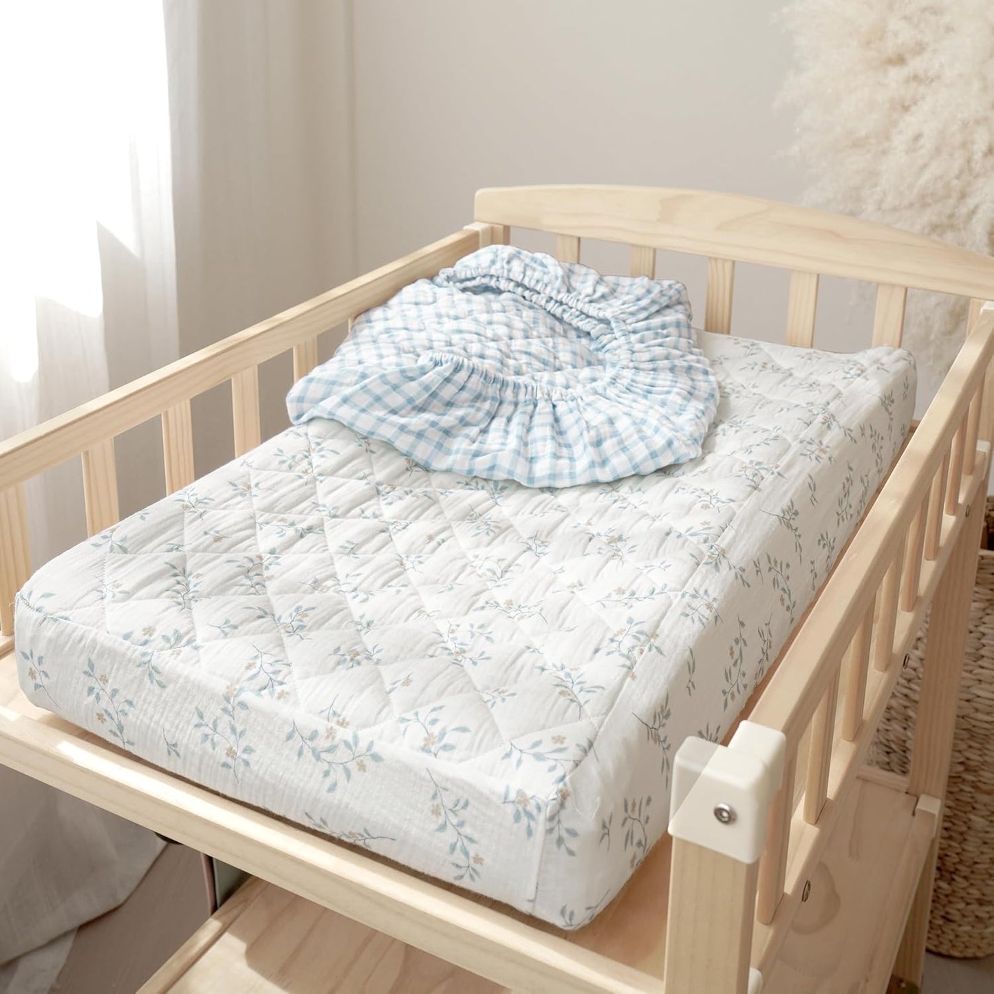 Konssy Waterproof Muslin Changing Pad Cover 2 Pack, Quilted Cotton Fitted Diaper Changing Table Cover, Soft Changing Pad Sheets for Girls Boys (Blue Gingham Blossom)