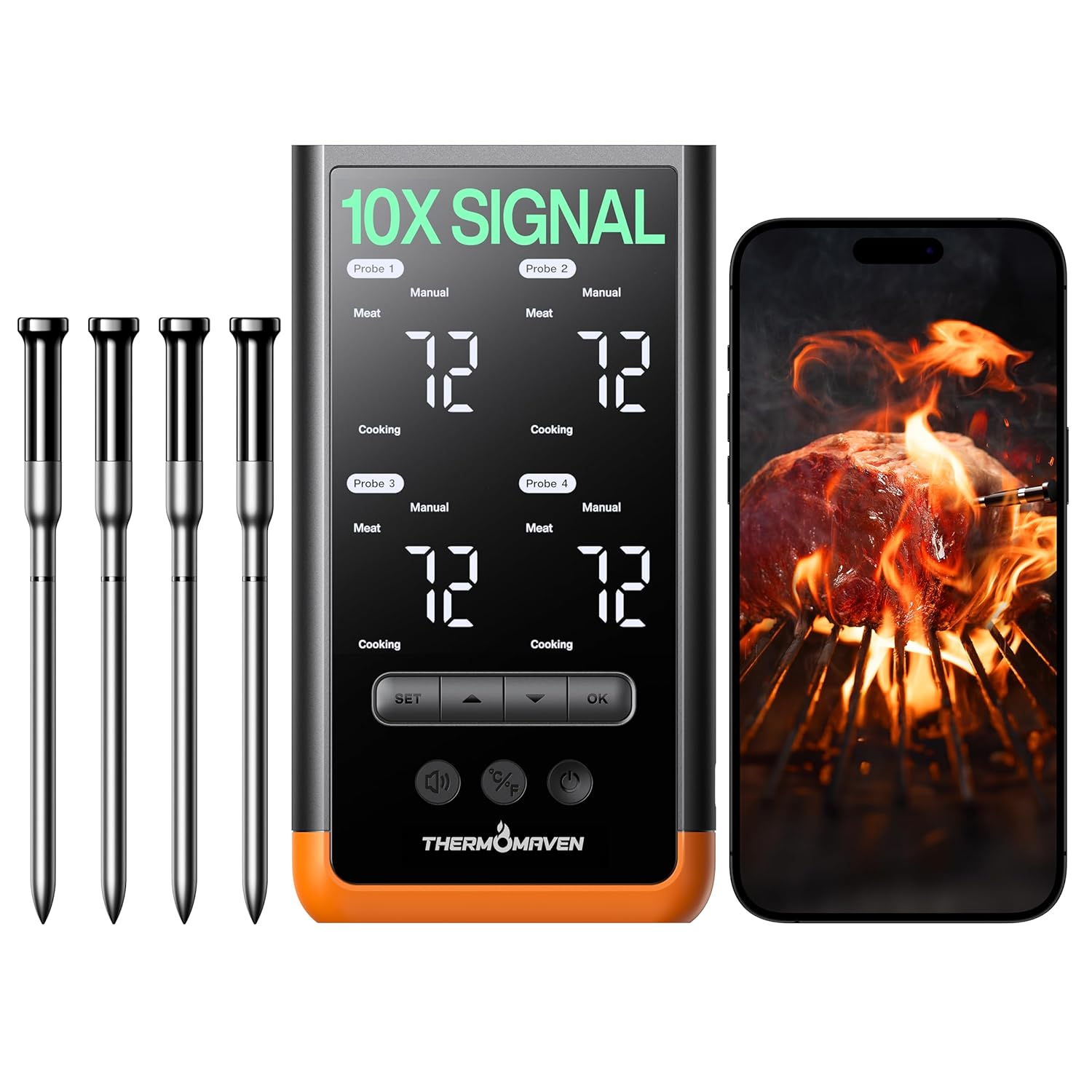 Wireless Bluetooth Smart Meat Thermometer: Standalone Base, WiFi Thermometer with Sub-1G, 6 Sensors