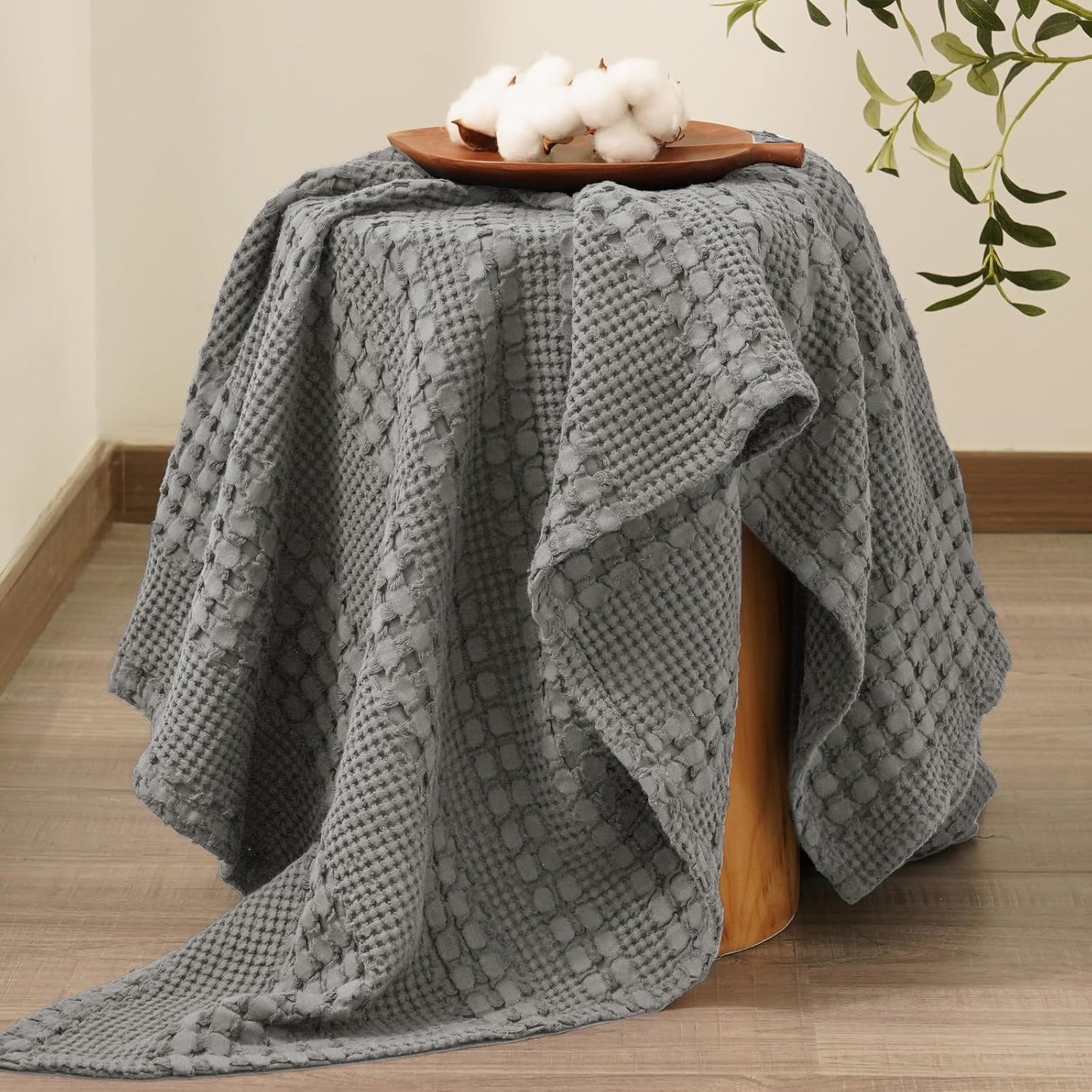 PHF 100% Cotton Waffle Weave Throw Blanket, Soft Lightweight Breathable Cozy Summer Throws for Couch Bed Sofa, Luxury Aesthetic Woven Blanket for Home Decor & Office, 50"x60", Dark Grey