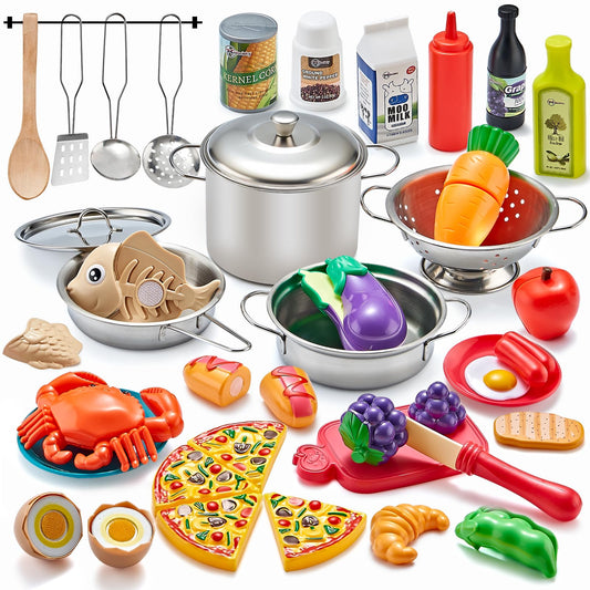 Kidsciety Pretend Play Kitchen Accessories, 52pc Kids Kitchen Playset with Play Food, Stainless