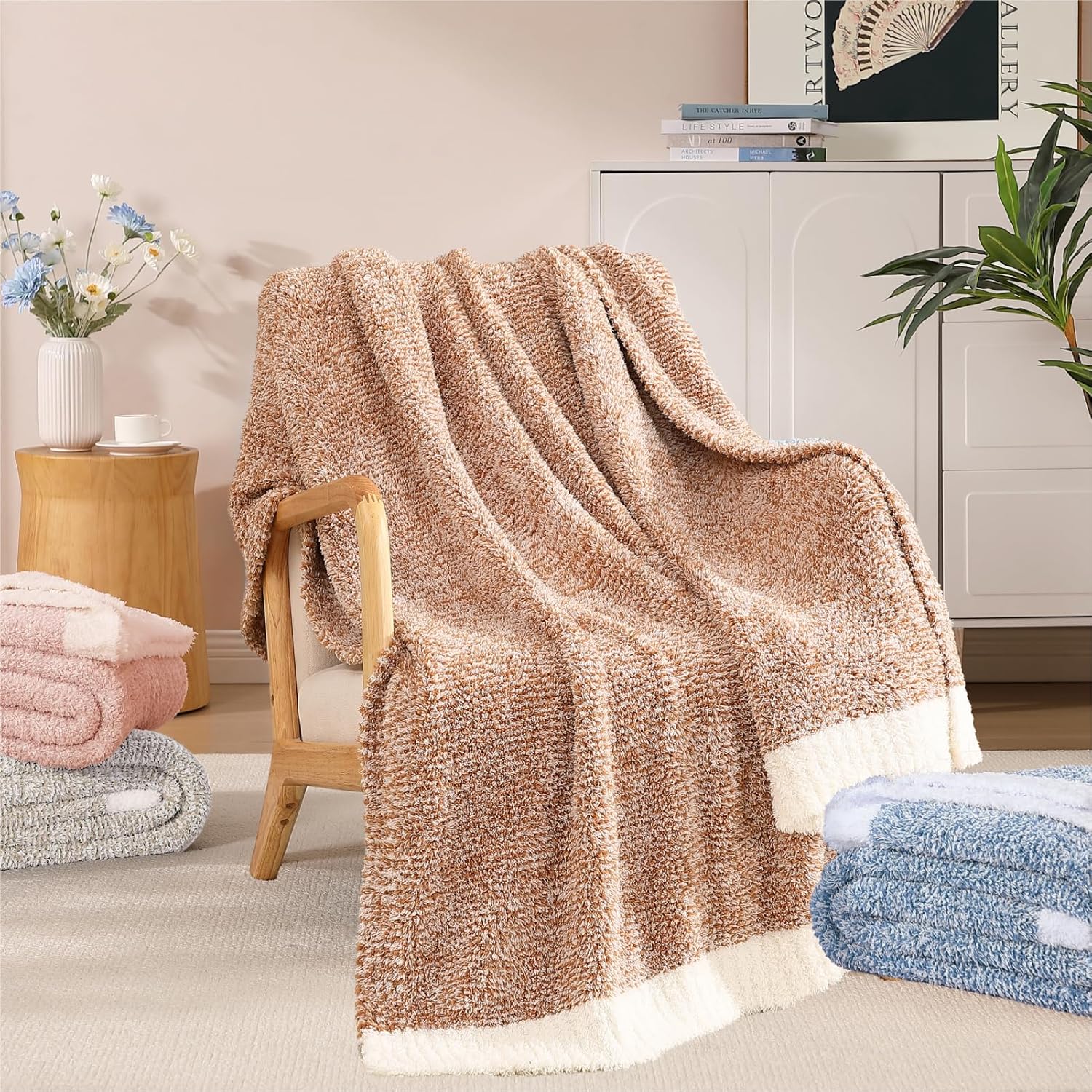 WRENSONGE Throw Blanket Cationic Dyeing Burnt Orange Soft Cozy Fluffy Warm Hand Made Weave Throw
