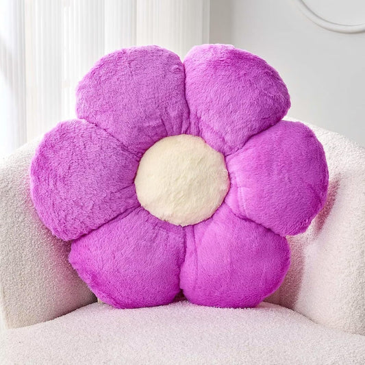Purple Flower Plush Throw Pillow, Cute Decorative Flower Shaped with Faux Rabbit Fur, 19.6" Soft Throw Pillow for Bedroom Living Room