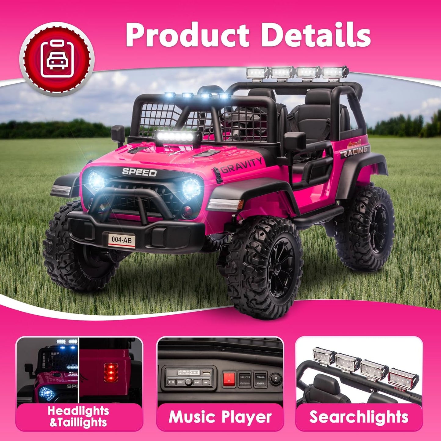 Sopbost 24V 7Ah 2 Seater Ride On Truck Ride On Toy for Big Kids Ride On Car with Remote Control Off-Road Electric Car with Shock Absorber, LED Lights, Bluetooth Music Player, EVA Tires, Pink