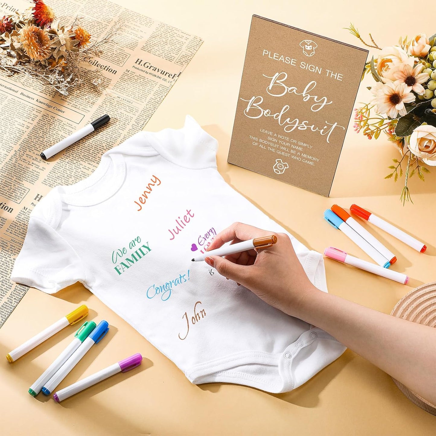 Qunclay 12 Pcs Baby Bodysuit Baby Shower Game Include 1 Game Wooden Sign Tabletop Decor 1 White Blank Newborn Bodysuit 10 Fabric Marker for Gender Reveal Party(Kraft)