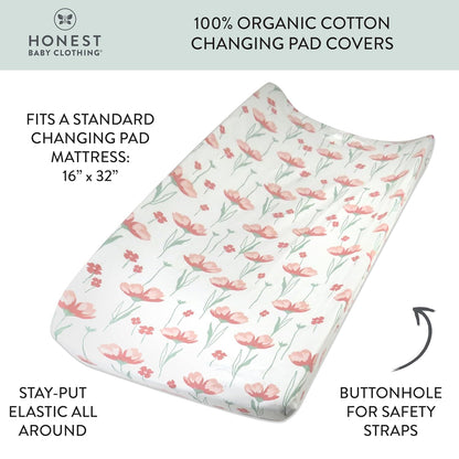 HonestBaby Organic Cotton Changing Pad Cover, Strawberry Pink Floral, One Size