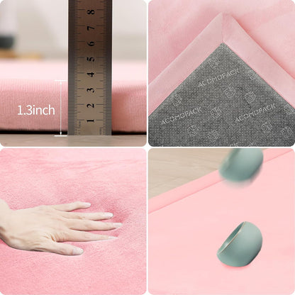 ACOMOPACK Baby Play Mat for Floor 1.3" Thick Memory Foam Play Mat 79"×157 Tummy Time Crawling with Non-Slip Bottom for Living Room,Nursery,Soft Velvet Playpen Mats for Kids,Infants（Pink）