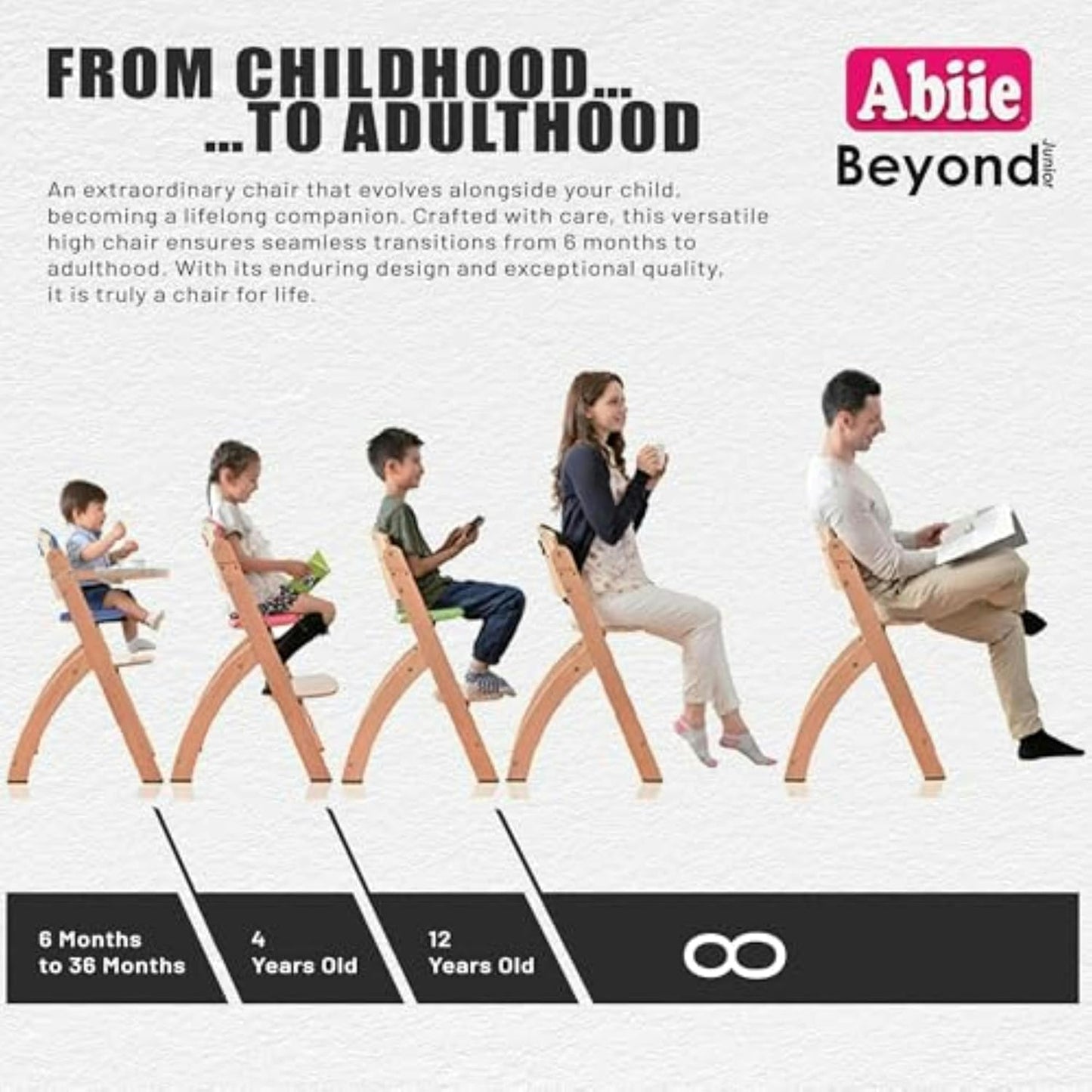 Abiie Beyond Junior Wooden High Chair with Tray - Adjustable and Convertible High Chair for Babies