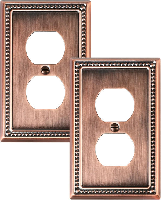 2-Pack Duplex Outlet Cover Plate, Antique Copper Metal Wall Plates for Electrical Outlets, 1 Gang Receptacle Cover, Pearls Decorative Switch Plates and Outlet Covers