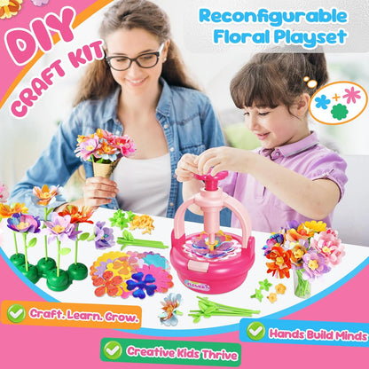 Einailvk Fabric Flower Bouquets Toys, DIY Flower Making Kit for Kids 3 4 5 6 7 8 9 10 11 12 Year Old Girl Birthday Christmas Gift, Art and Crafts Kit Toys for Girls 3-12 Year Old (Pink)