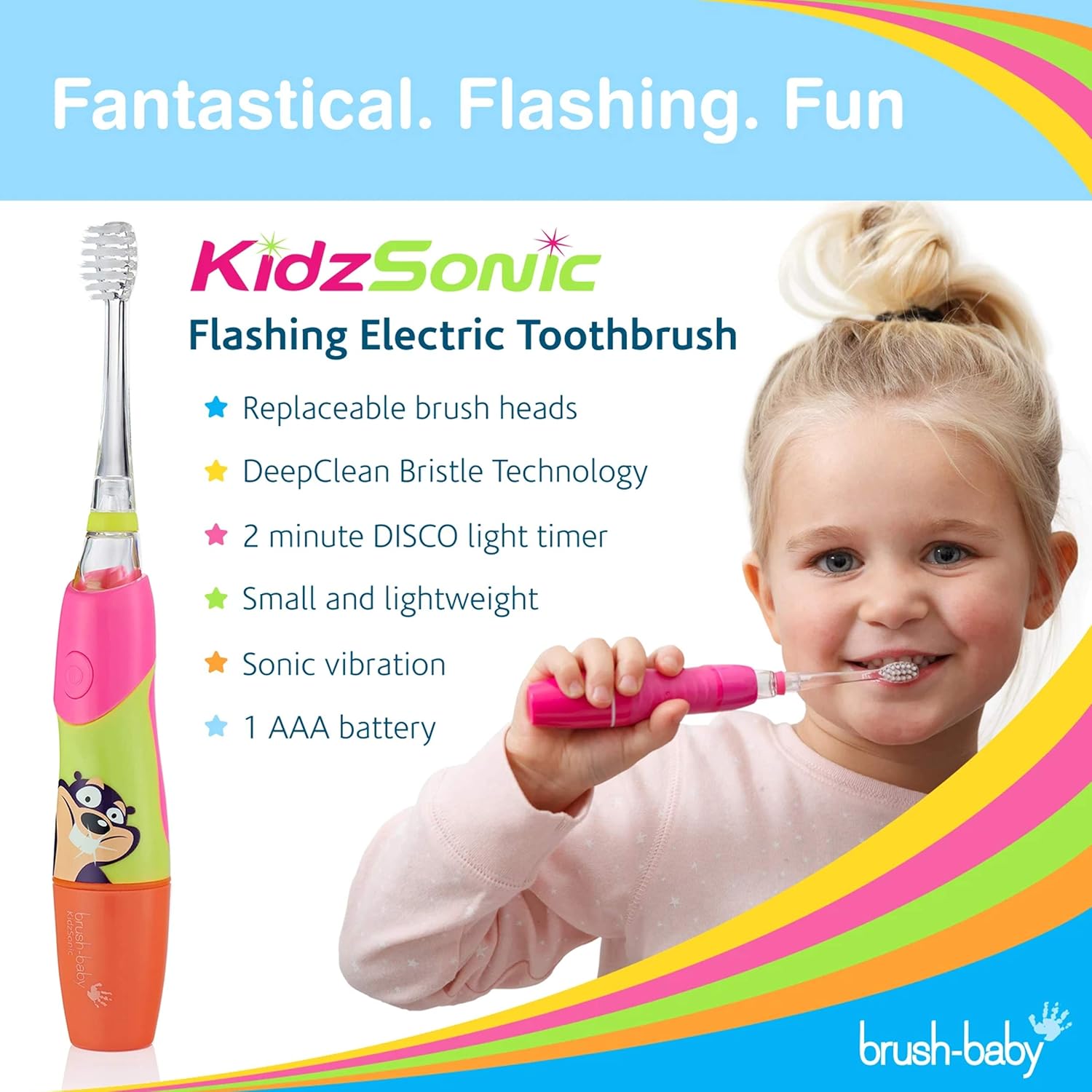 Brush Baby KidzSonic Toddler and Kid Electric Toothbrush for Ages 3+ Years - Disco Lights, Gentle