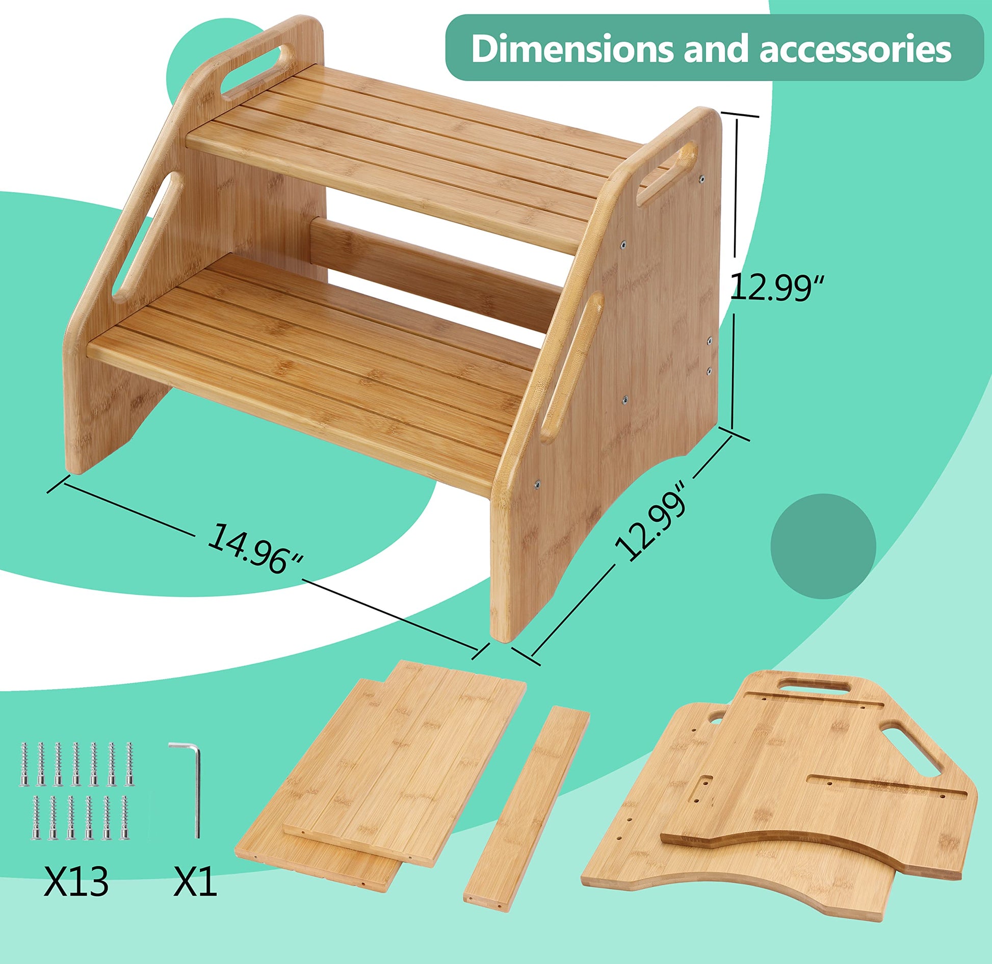 AMBIRD Wooden Step Stool, Two Step Stools Toddler 300 lbs Capacity with Safety Non-Slip Pads and