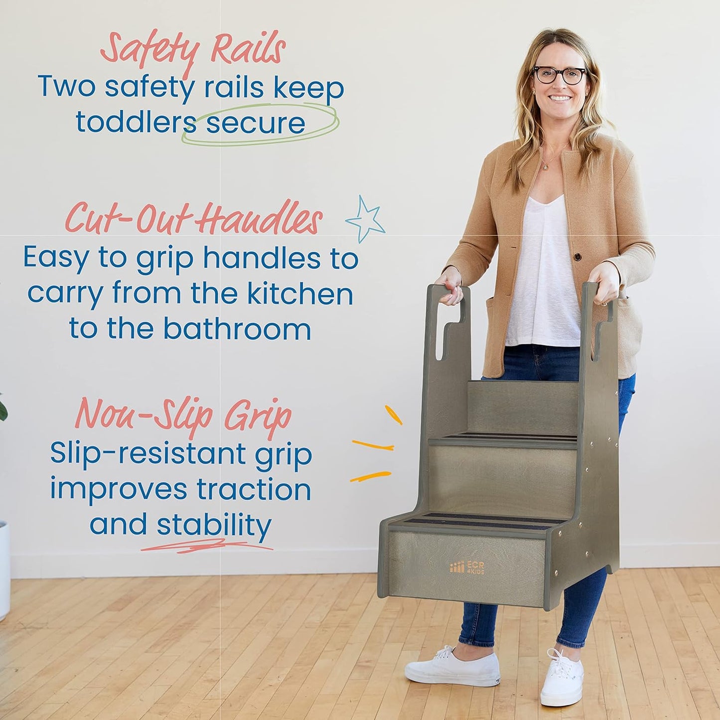 ECR4Kids Reach-Up Step Stool with Handles, Kids Furniture, Grey Wash