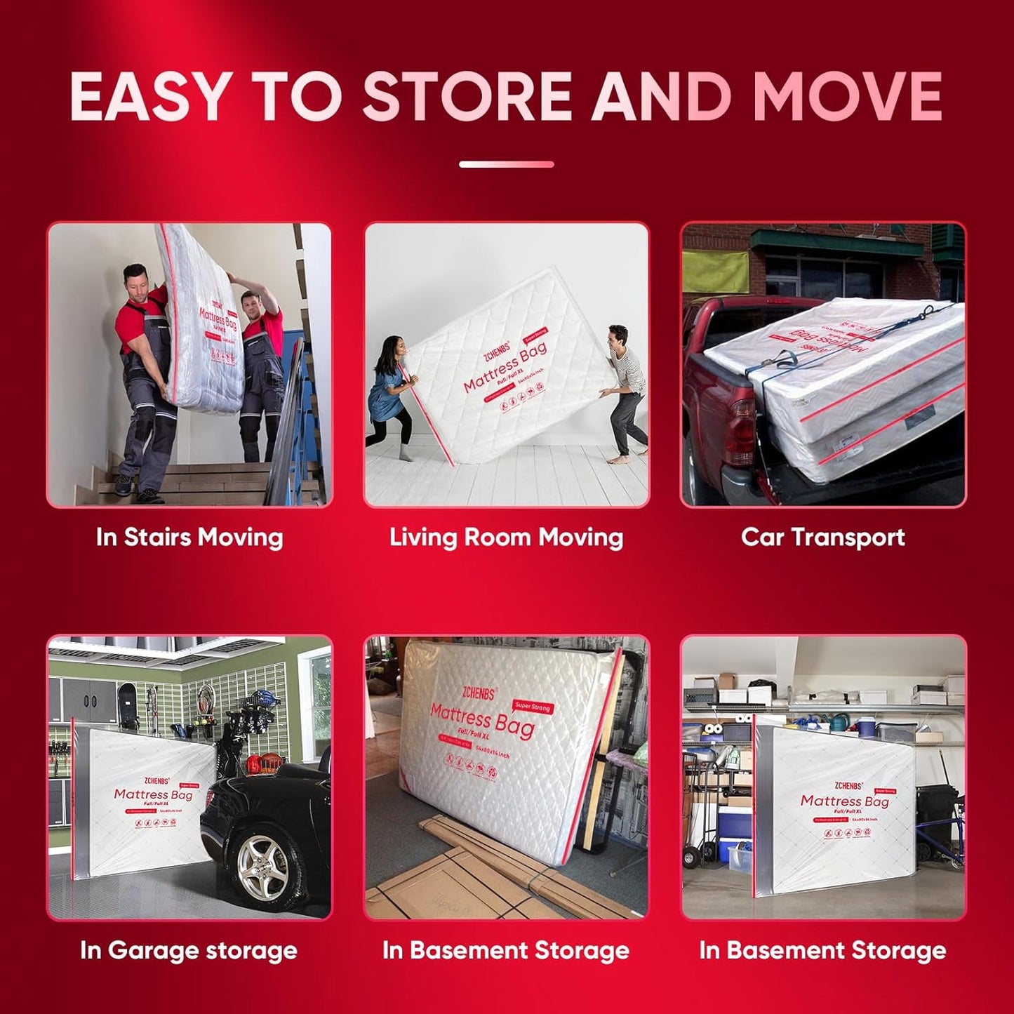 ZCHENBS® – Mattress Bags for Moving and Storage,Mattress Bag with Zippers,5 Mil Ultra-Thick Bed Bag,Waterproof,Anti-Tear,Heavy-Duty Mattress bag (Transaparent/Red, Full/Full XL-(1 Pack))