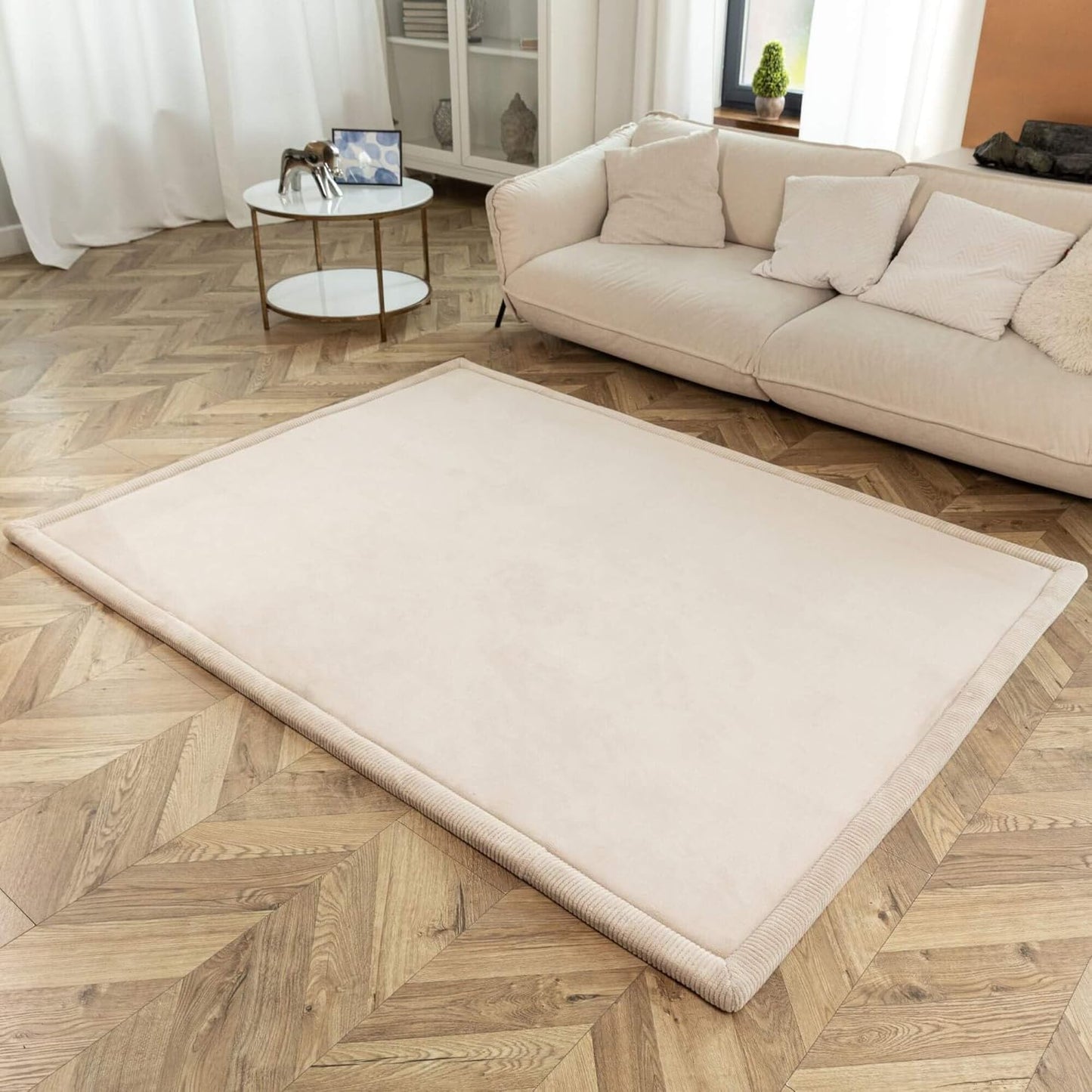 Premium Baby Play Mat 60”x 80” Beige – Cloud-Soft Coral Velvet Memory Foam Rug for Crawling & Play – Non-Slip, Water-Resistant, Care Tummy Time Mat – Non-Toxic Padded Playmat