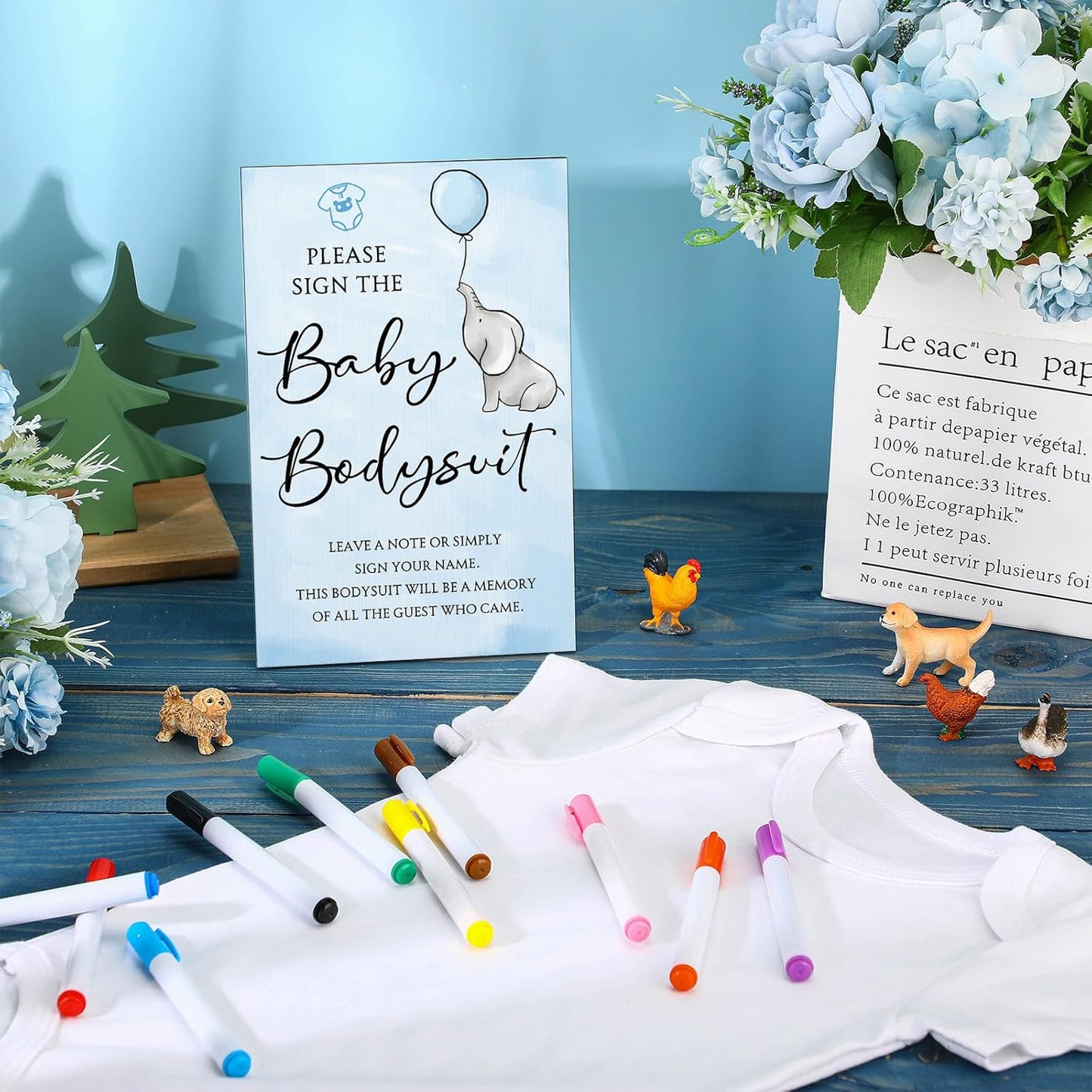 Qunclay 12 Pcs Baby Bodysuit Baby Shower Game Include 1 Game Wooden Sign Tabletop Decor 1 White Blank Newborn Bodysuit 10 Fabric Marker for Gender Reveal Party(Elephant)