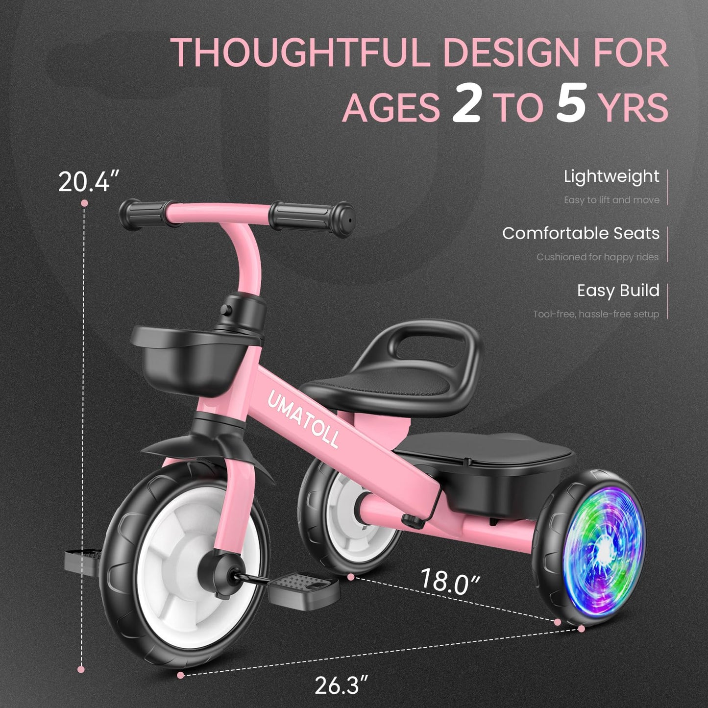 Umatoll Tricycle for Toddlers 2-5 Year Old, Birthday Gift for Girl Age 2-4