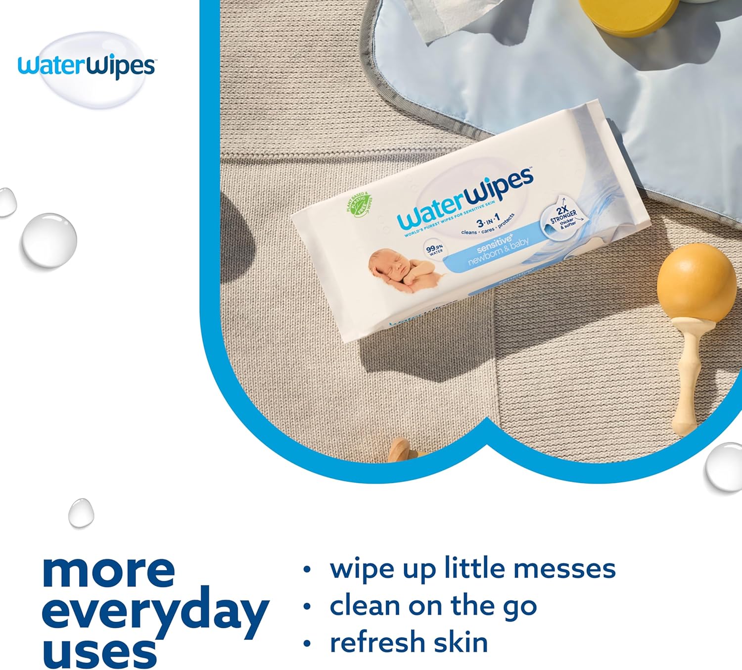 WaterWipes Sensitive+ Newborn & Baby Wipes, 3-In-1 Cleans, Cares, Protects, 99.9% Water, Unscented