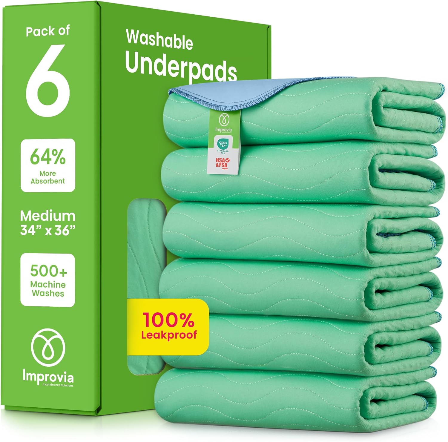 IMPROVIA® Washable Underpads, 34" x 36" (Pack of 6) - Heavy Absorbency Reusable Incontinence Pads