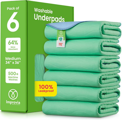 IMPROVIA® Washable Underpads, 34" x 36" (Pack of 6) - Heavy Absorbency Reusable Incontinence Pads