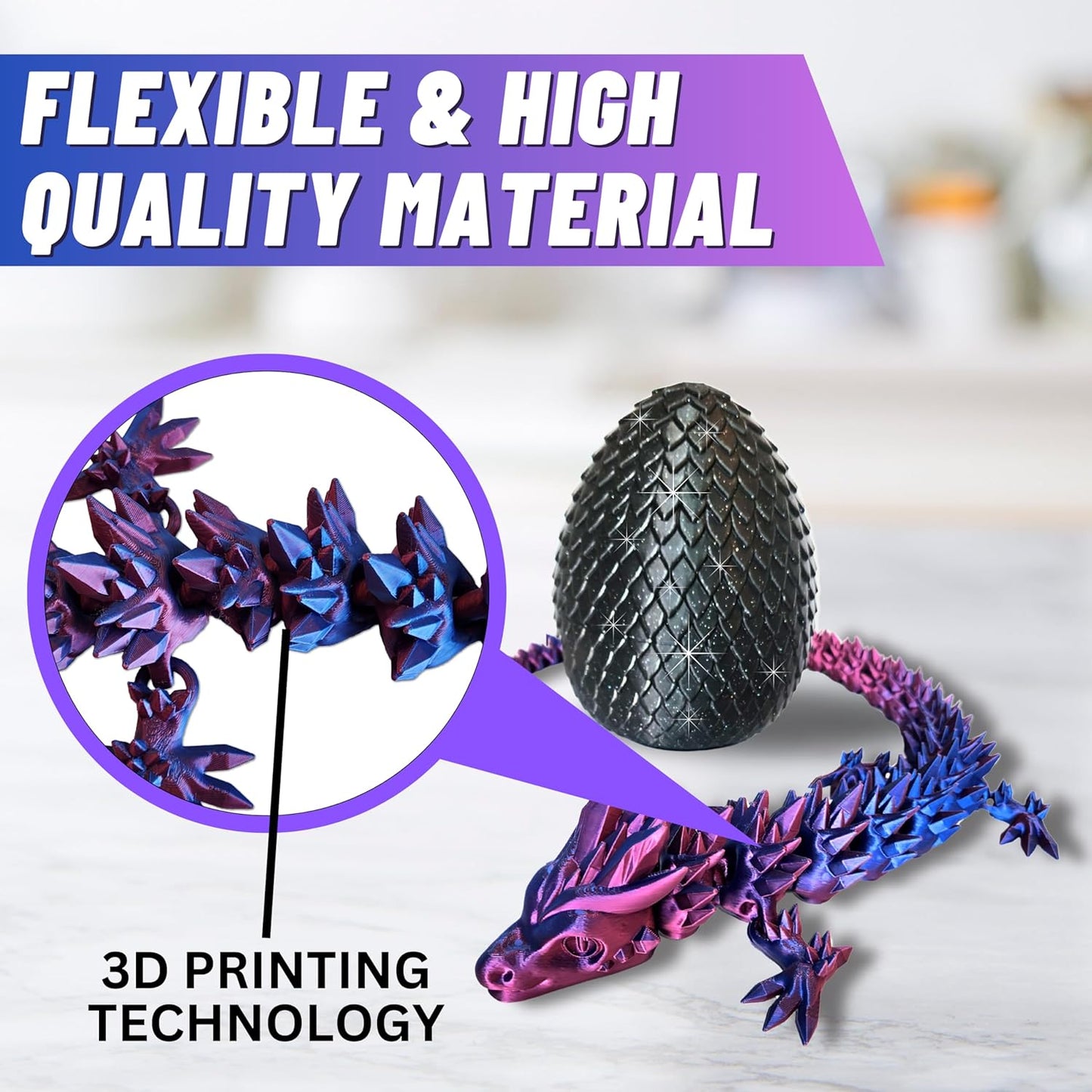 Large 20" Color-Changing Dragon (Improved Design) with Mystic Sparkle Egg, Made in USA - Articulated 3D Printed, 3D Dragon Egg (BLUE/PURPLE/RED & BLACK EGG)…