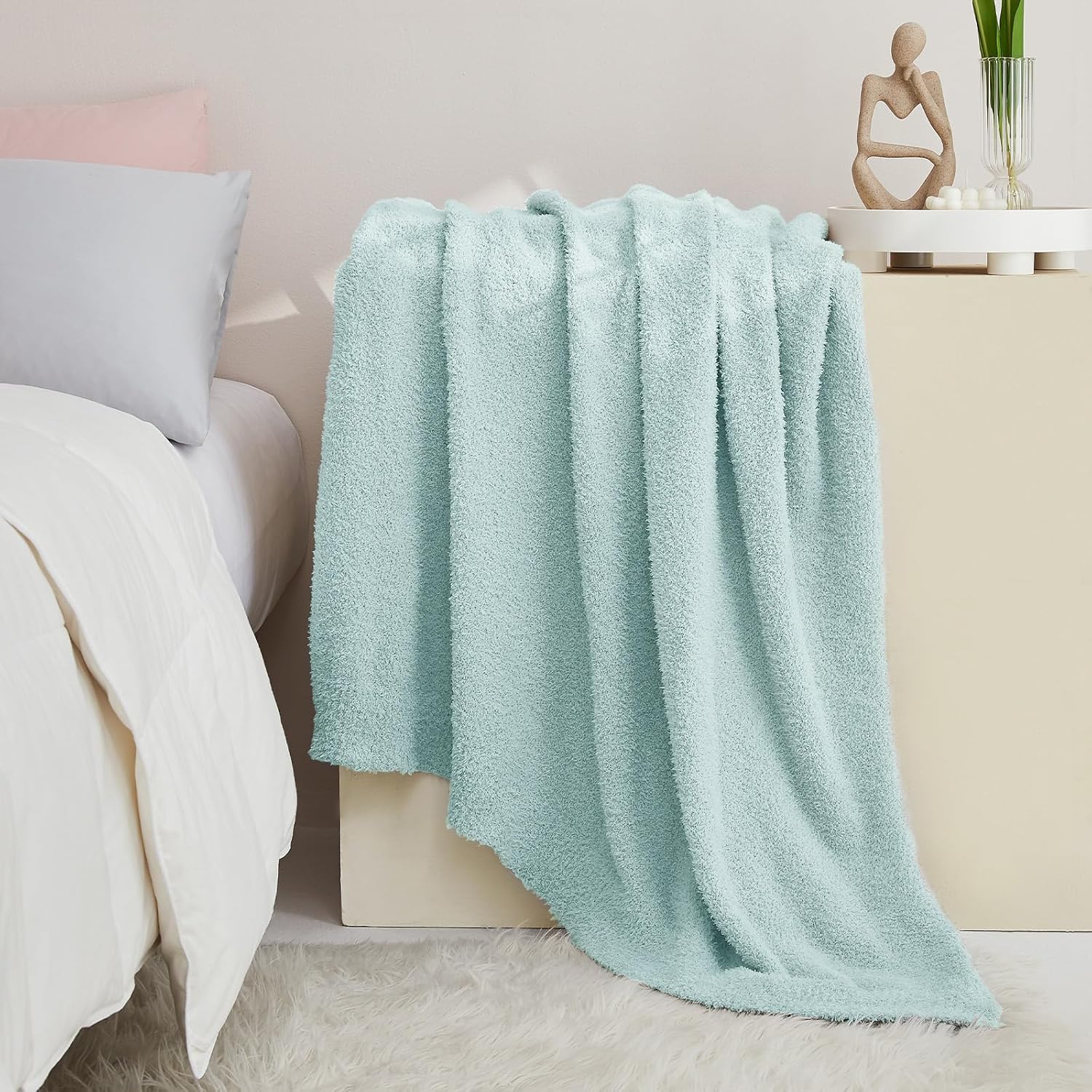 CYMULA Knit Throw Blanket for Couch Sky Blue - Super Soft Lightweight Plush Fuzzy Fluffy Cozy