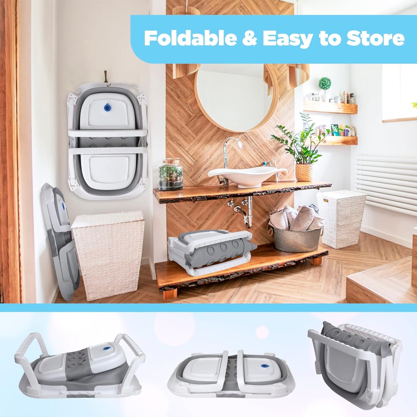 BEBELEH™ Collapsible Baby Bathtub with Thermometer – Bathtub + Baby tub Sling + Newborn Sling