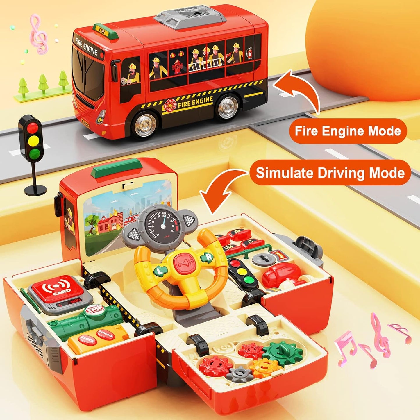 HONGTUO Fire Truck Toys with Teaching Meaning, Simulation Steering Wheel Driving Toy, Toddlers Fire Truck Toy with Sound and Light, Simulate a Rescue fire Scene，Gift for 3-5 Boys & Girls
