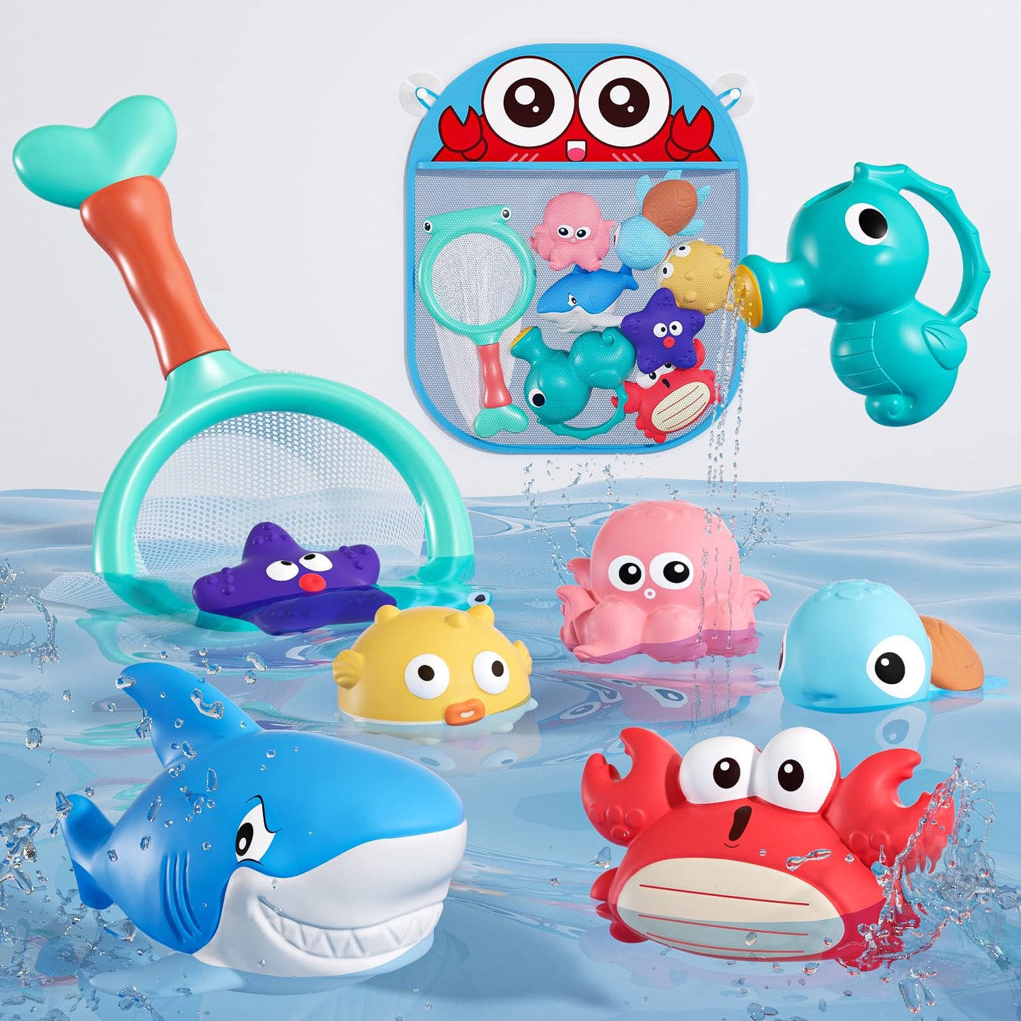 Mold Free Bath Toys for Toddlers 1-3, No Hole Ocean Animal Bathtub and Pool Toys with Mesh