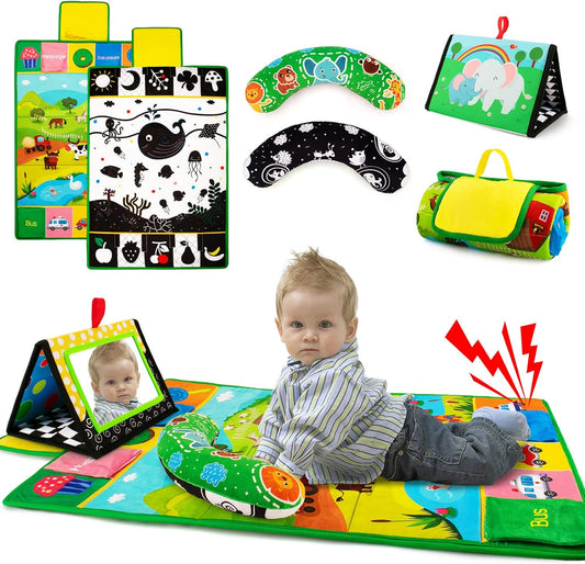 Tummy Time Mirror & Play Mat & Pillow 3-in-1, High Contrast Black and White Baby Toys, Activity Mat