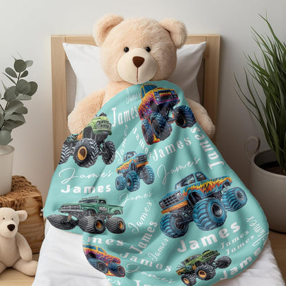 Ship Next Day, Personalized Truck Blanket - Printed in USA, Custom Name Blankets for Kids with Big