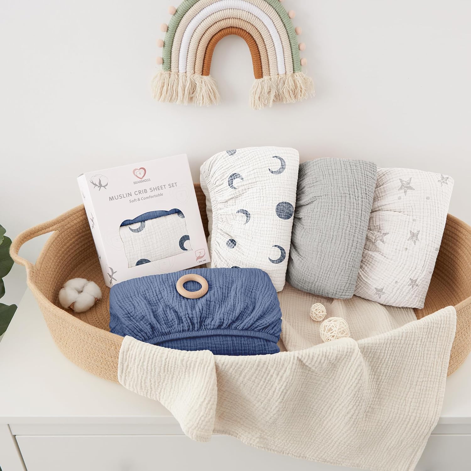 Bearmoss Muslin Crib Sheets 100% Cotton Baby Crib Sheets Soft&Breathable Nursery Sheet 52"x28" for