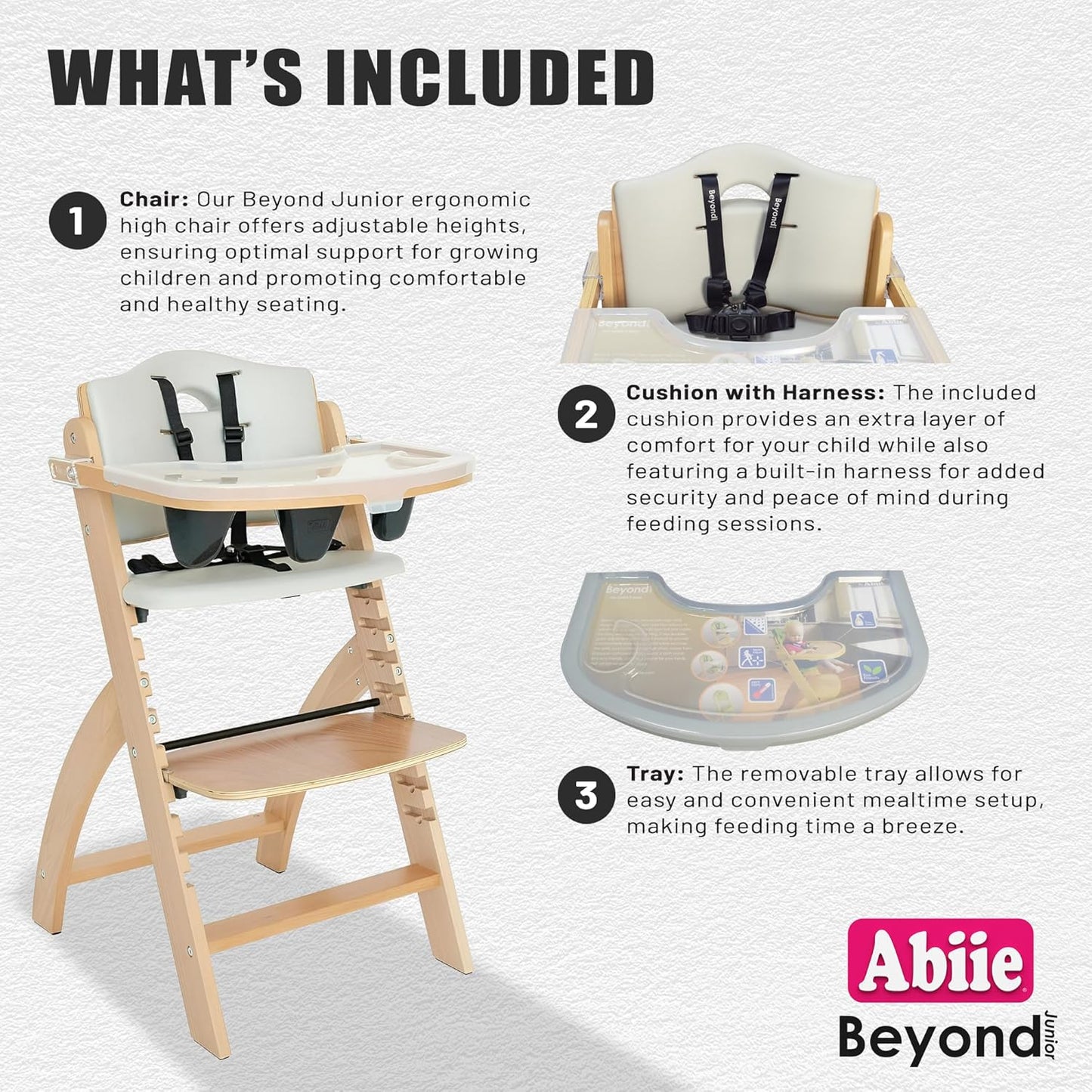 Abiie Beyond Junior Wooden High Chair with Tray - Adjustable and Convertible High Chair for Babies