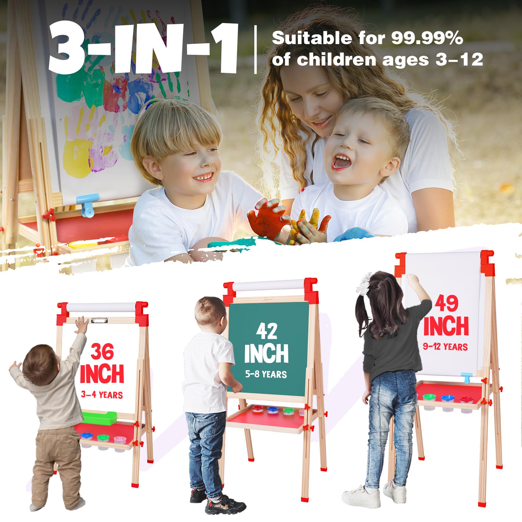 JOYOOSS Kids Wooden Easel with Paper Roll - Adjustable Magnetic Double Sided Drawing Board