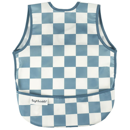 Tiny Twinkle Mess Proof Baby Bib - Waterproof & Lightweight Baby-Led Weaning Apron | 100% Recycled Polyester, Easy Clean & Machine Washable (Blue Checkers, Small 6-24 Months)
