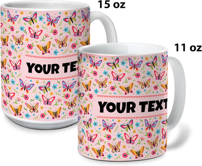 Personalized Mug for Kids - Butterflies - Custom Name/Text, Ceramic Hot Chocolate/Cocoa/Coffee Cup for Girls, Birthday/Christmas/Holiday Gift - 15 oz, Navy Blue Handle