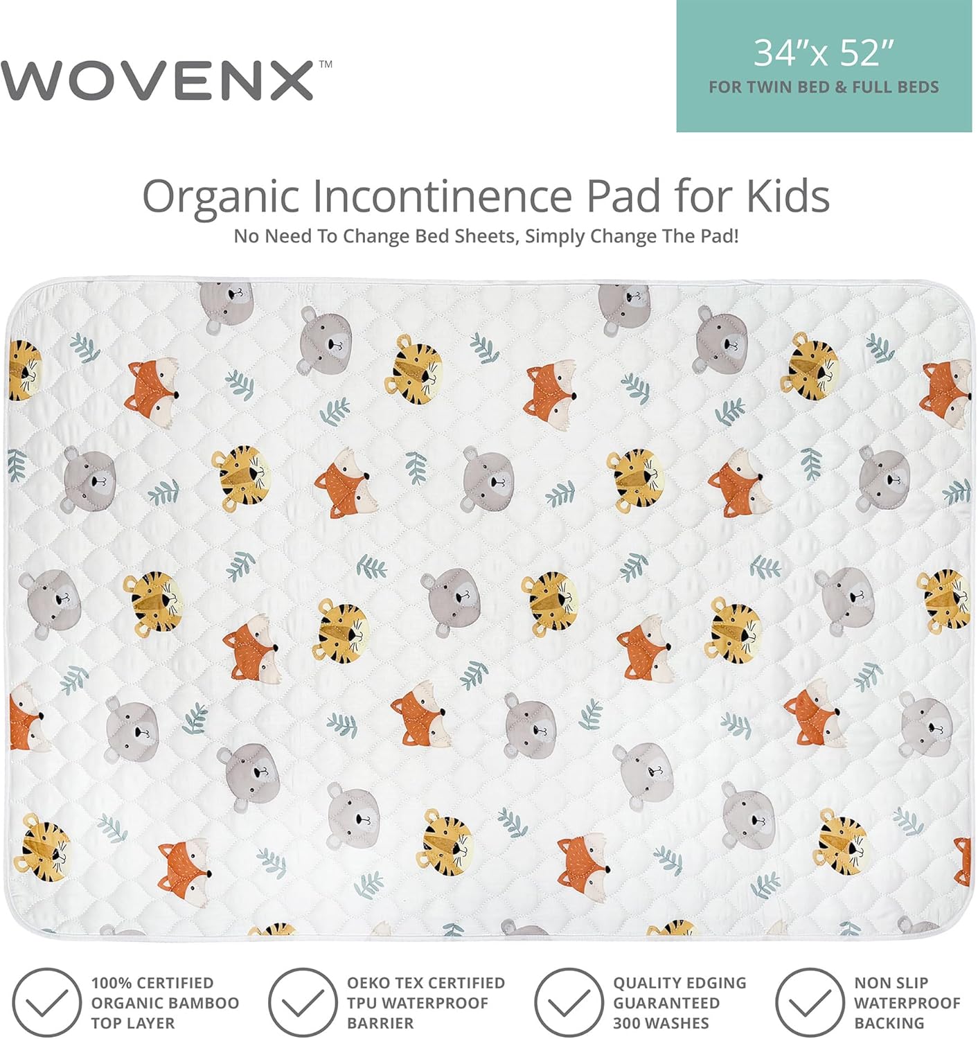 Organic Incontinence Pads for Kids & Toddlers - 5 Layer Waterproof Protectors for Overnight Bed