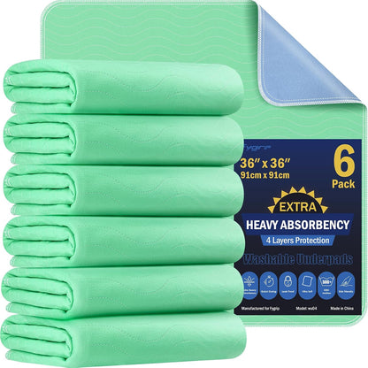 6 Pack 36” x 36” Extra Heavy Absorbency Washable Underpads, Waterproof Quick Drying Nursing Pads