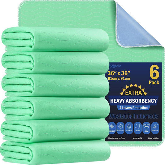 6 Pack 36” x 36” Extra Heavy Absorbency Washable Underpads, Waterproof Quick Drying Nursing Pads