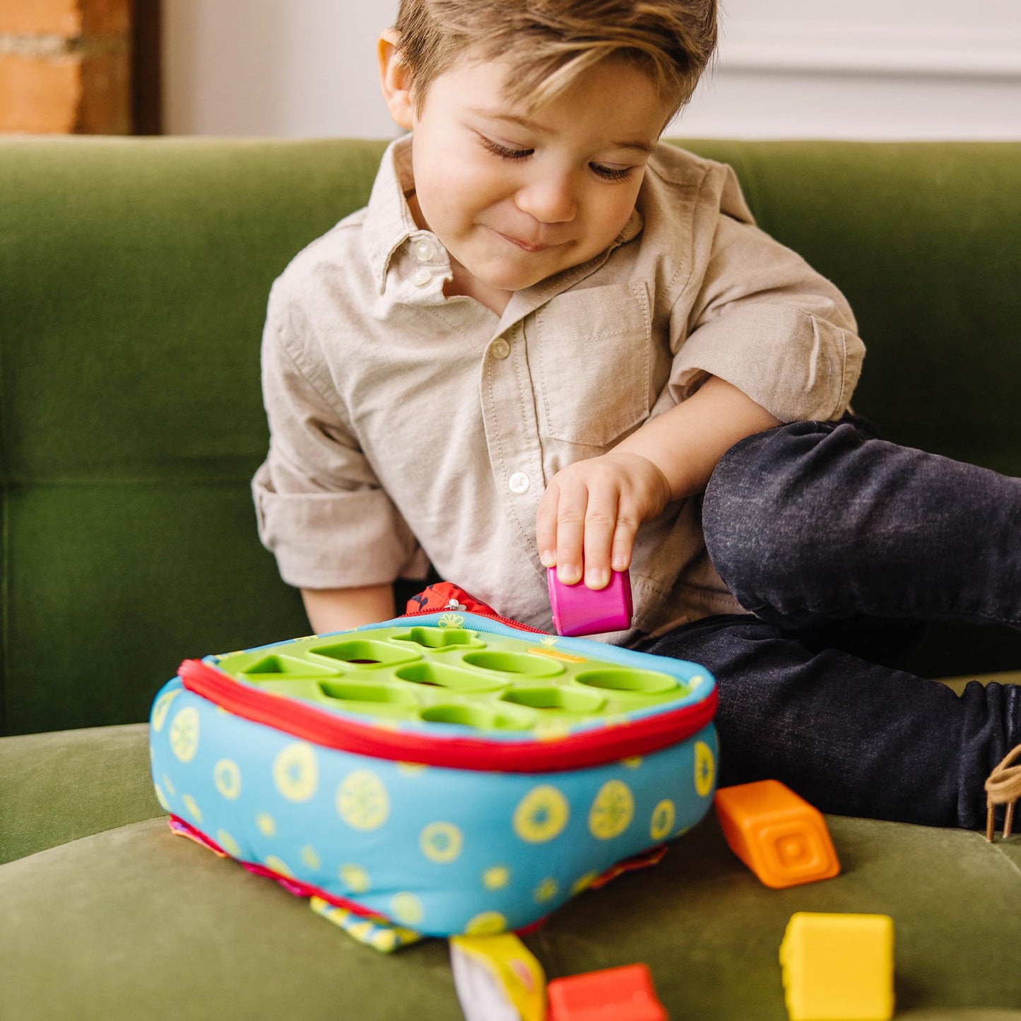 Melissa & Doug K’s Kids Take-Along Shape Sorter, 9 Textured Building Blocks & Soft Sensory Activity