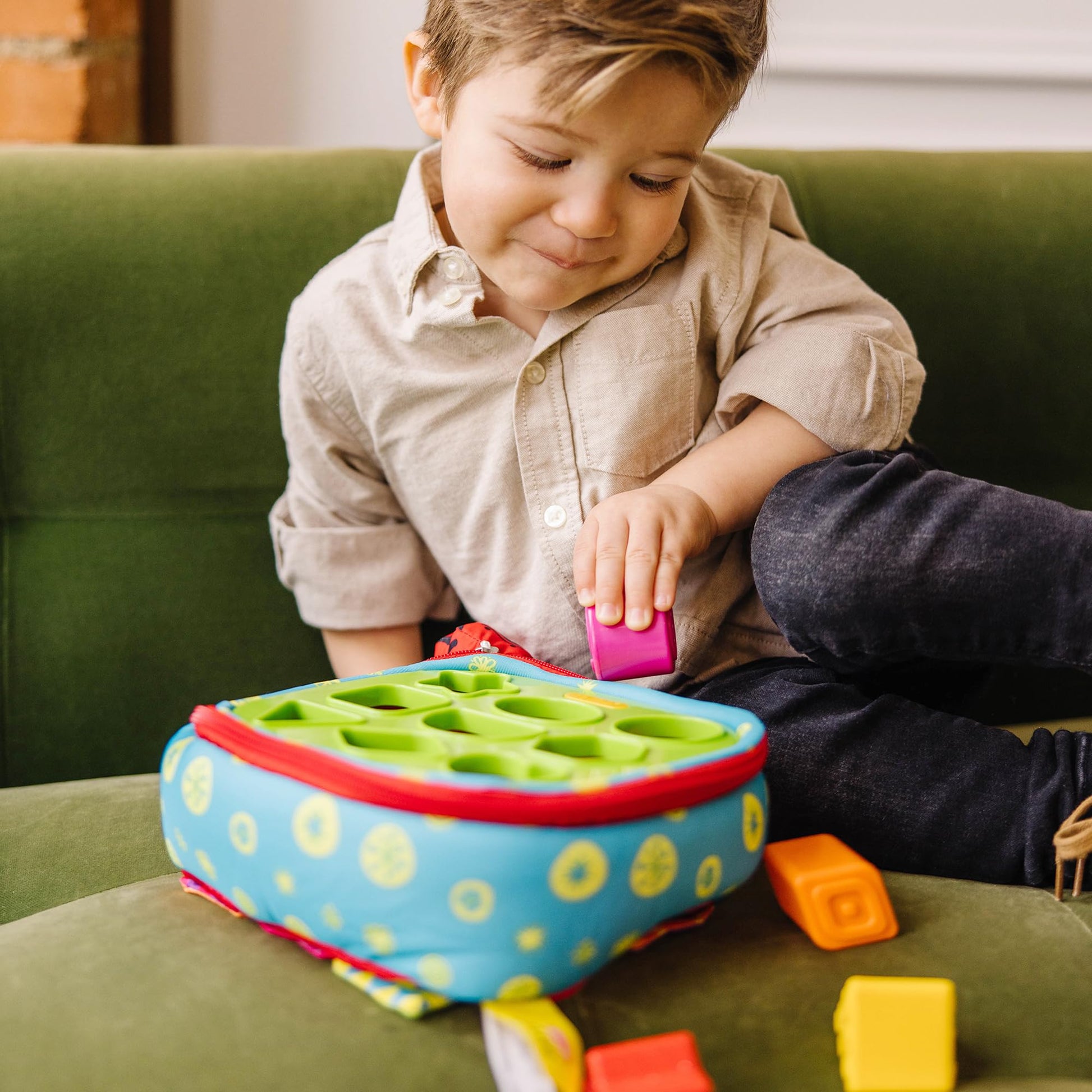 Melissa & Doug K’s Kids Take-Along Shape Sorter, 9 Textured Building Blocks & Soft Sensory Activity