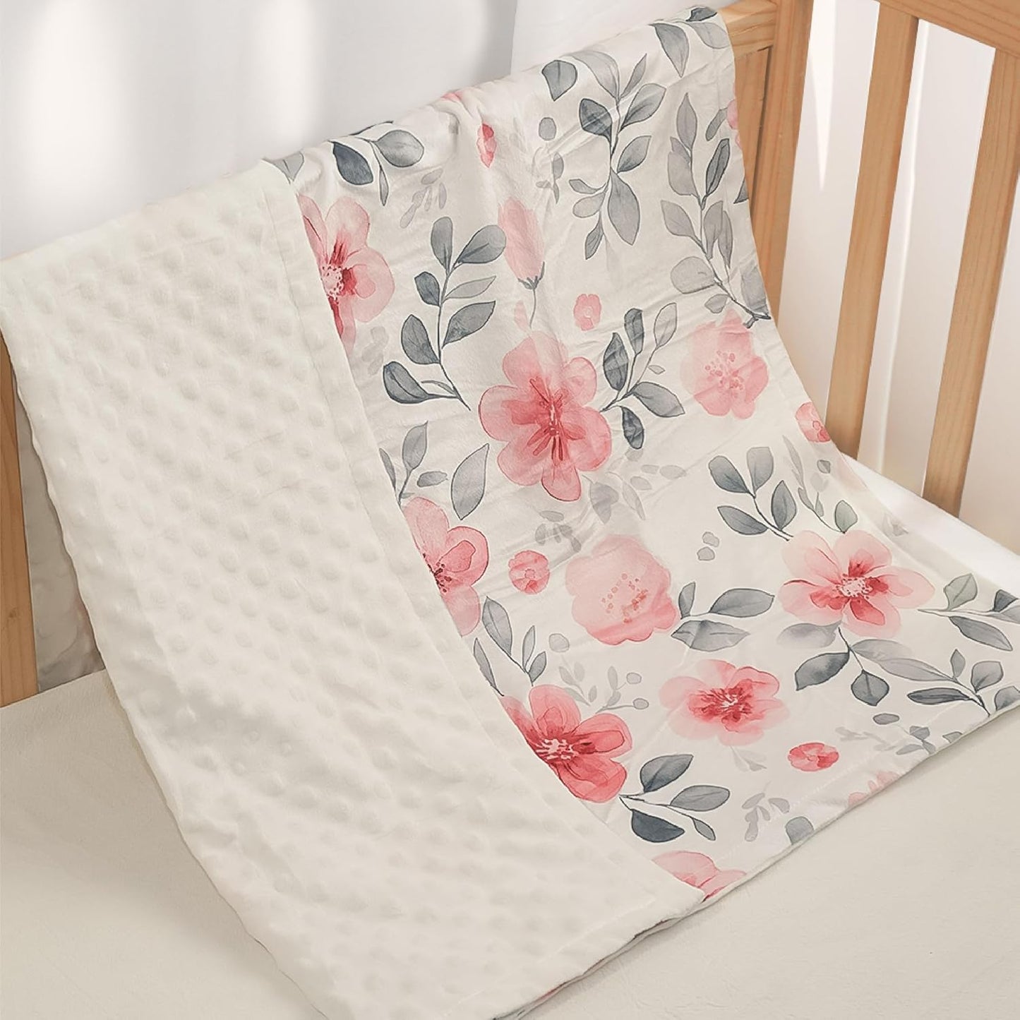 Floral Minky Baby Blanket 30 x 40 Inches for Boys Girls, Soft Plush Receiving Blanket with Dotted