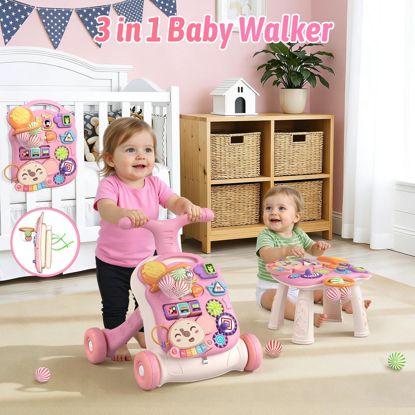 QDRAGON 3 in 1 Baby Walker and Activity Center for Girl 12-18 Months, Pink
