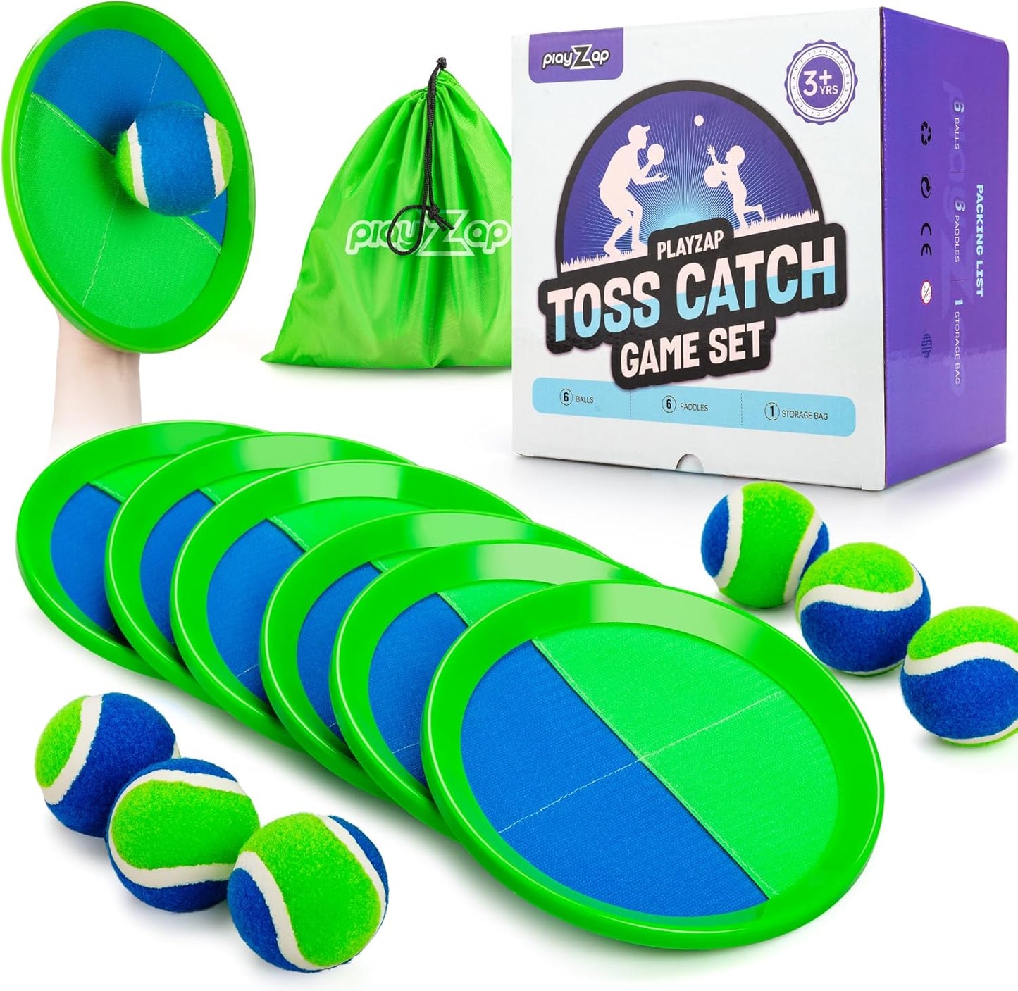 Toss and Catch Ball Set - Indoor Outdoor Toys for Kids Games - Outside Yard Pool Beach Toys for 3 4 5 6 7 8+ Years Old Boys Girls - Classic Birthday Gift - 6 Pack Green